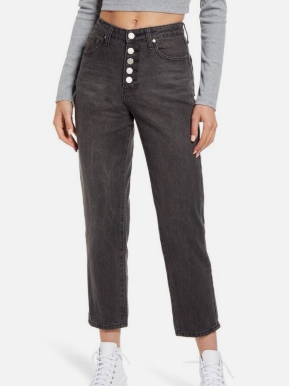 Nordstrom BP High-Rise Charcoal Button-Fly Mom Jeans size 26, Relaxed Fit